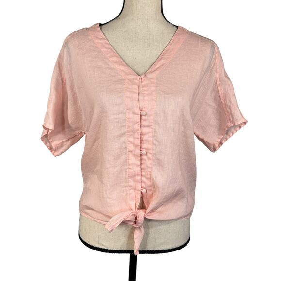 Vince Camuto Small 100% Linen Top Button-Up Dolman Sleeves V-Neck Tie Front Pink - Picture 1 of 7